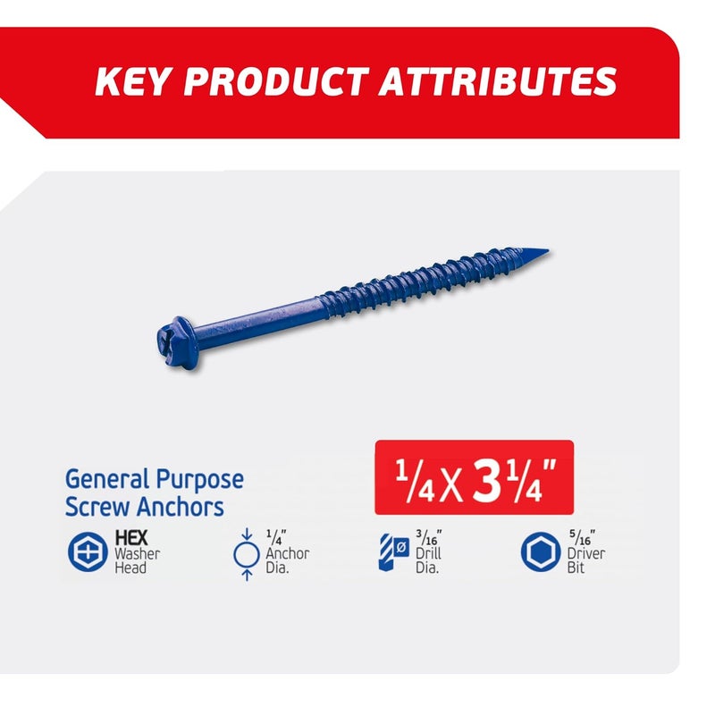 FixMaster 1/4 x 3-1/4" Hex Head Blue Concrete Screw Anchors (100 pcs Screw Kit) with one Screwdriver and Drill Bit for Concrete, Masonry, Block, Brick and Wood Fastening - Image 2
